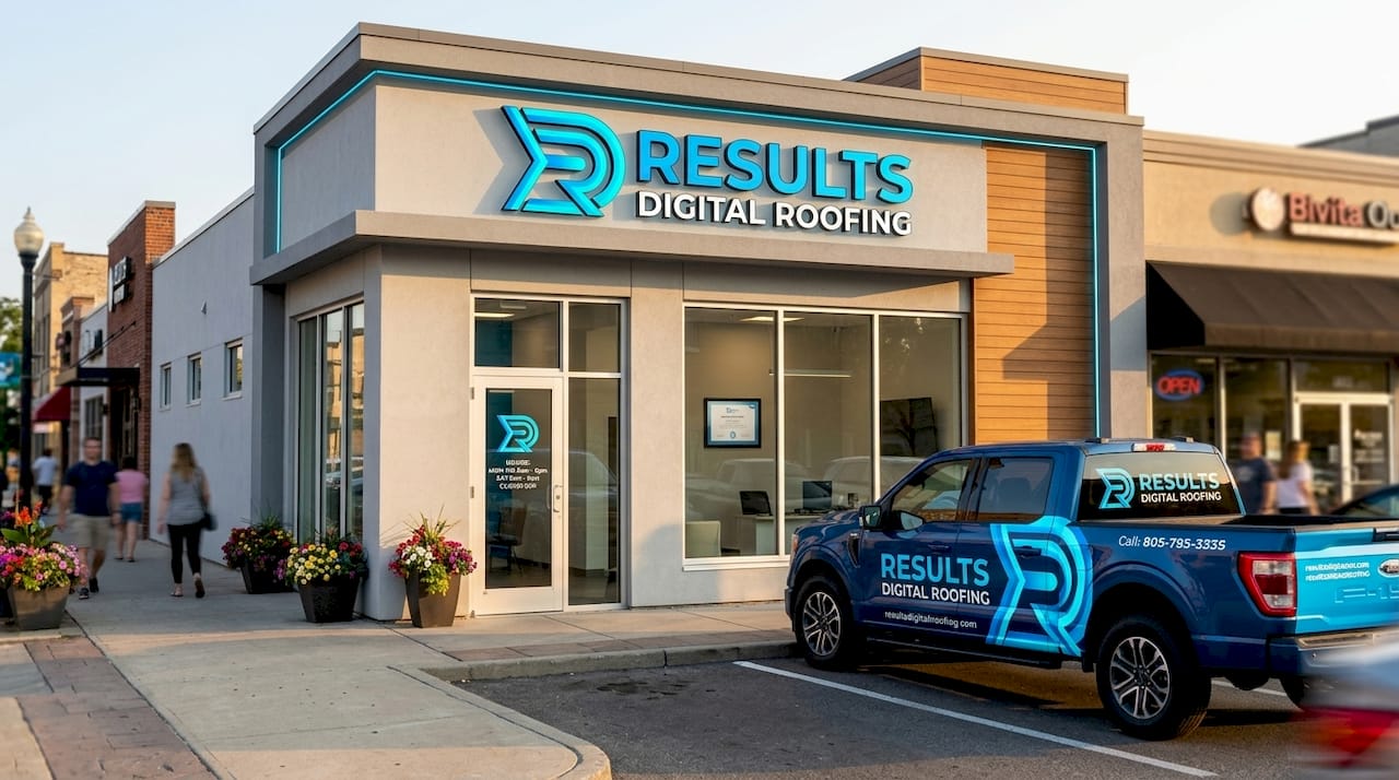 Roofing company storefront and branded vehicle