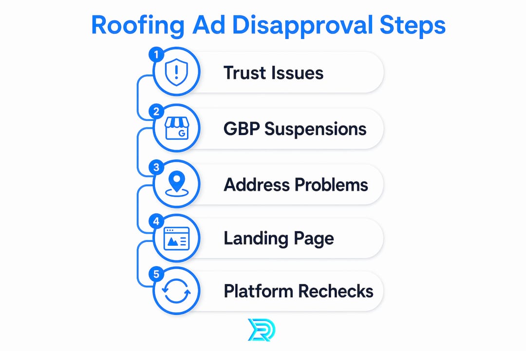 Infographic illustrating stepwise causes of roofing ad disapprovals