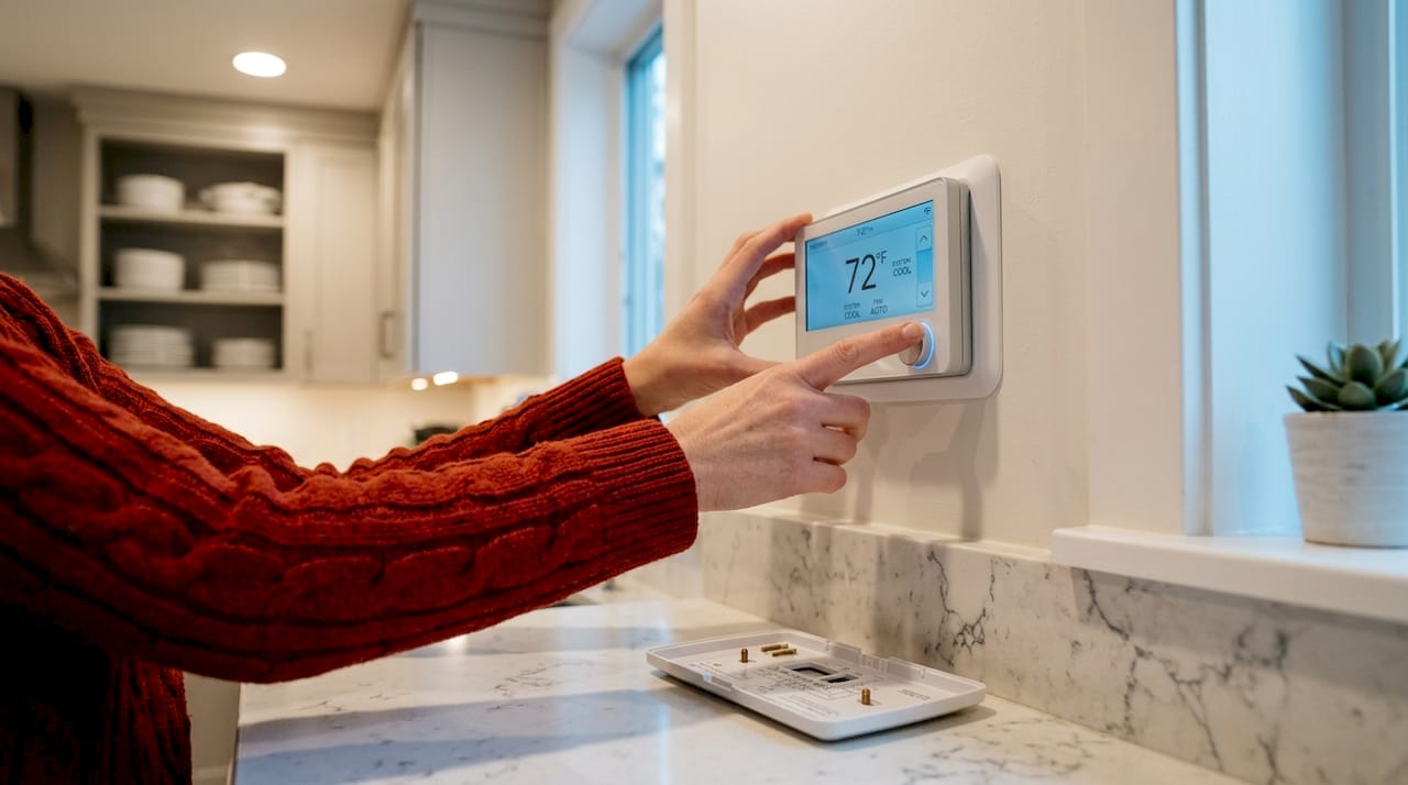 Close-up of hands adjusting home thermostat for troubleshooting