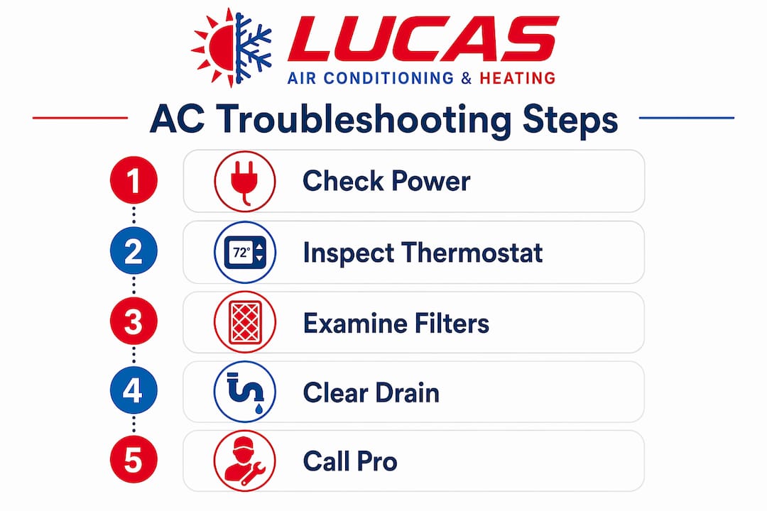 Infographic illustrating step-by-step AC troubleshooting process