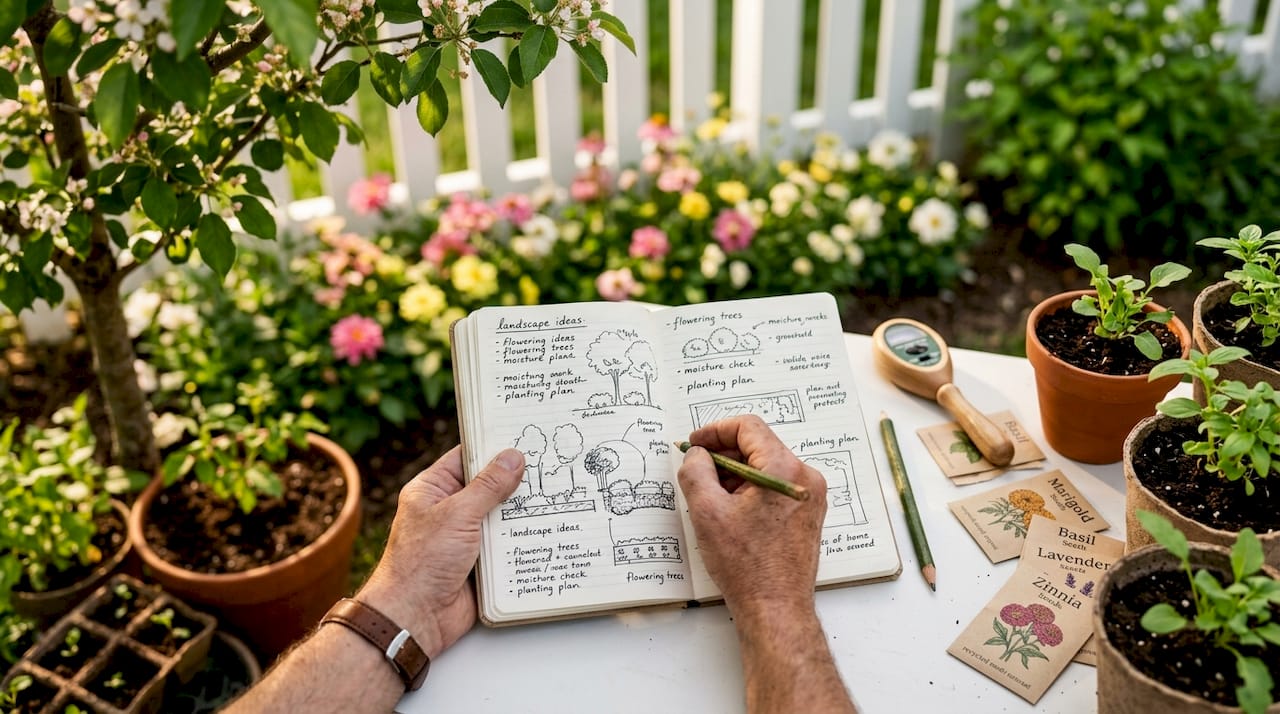 Landscaping Tips for Homeowners: Practical 2026 Guide 1 Hands holding garden planning notebook outdoors