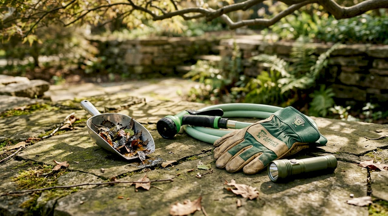 Gutter cleaning tools arranged on wooden deck
