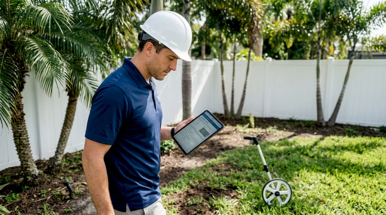 Pool Project Planning Workflow for Central Florida Homes 1 Contractor assessing pool site outdoors