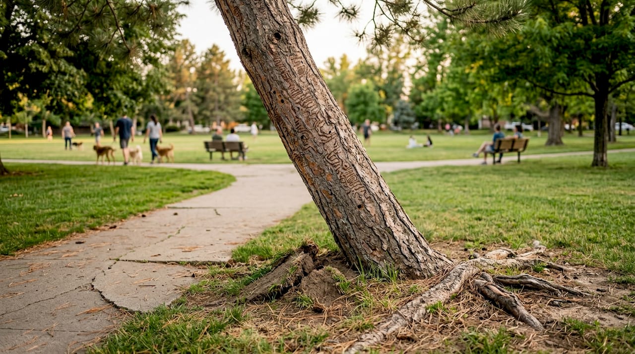 Tree Hazard Signs Explained for Property Owners 1 Leaning pine tree with root and bark damage
