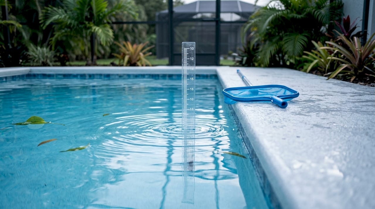 Storm Preparation for Pools: Central Florida Guide 1 Close-up of pool water level measurement for storm prep