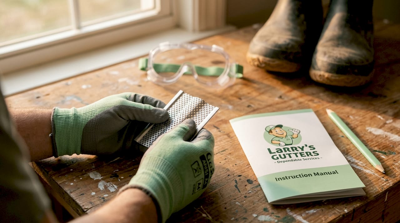 Close-up of gloves, goggles, and work boots for gutter safety