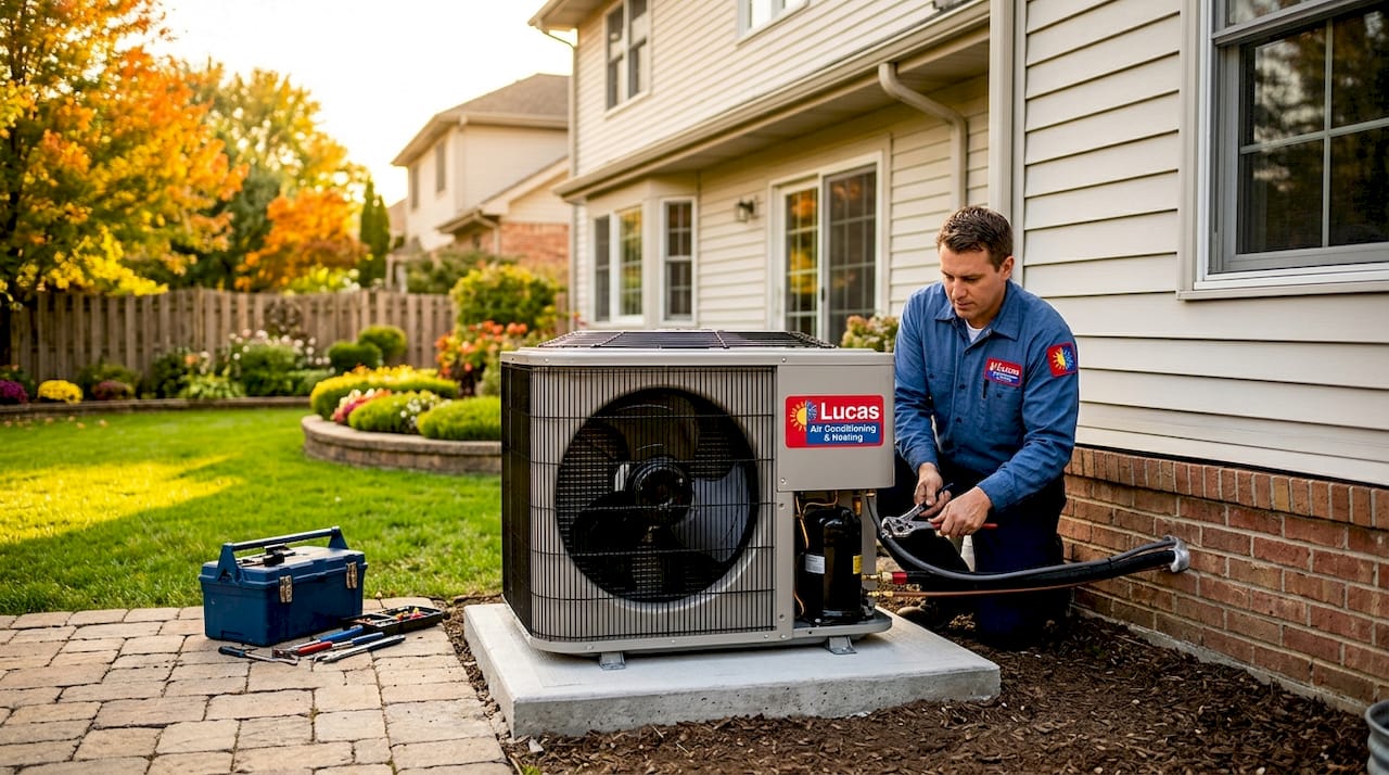 Outdoor view of new heat pump HVAC unit
