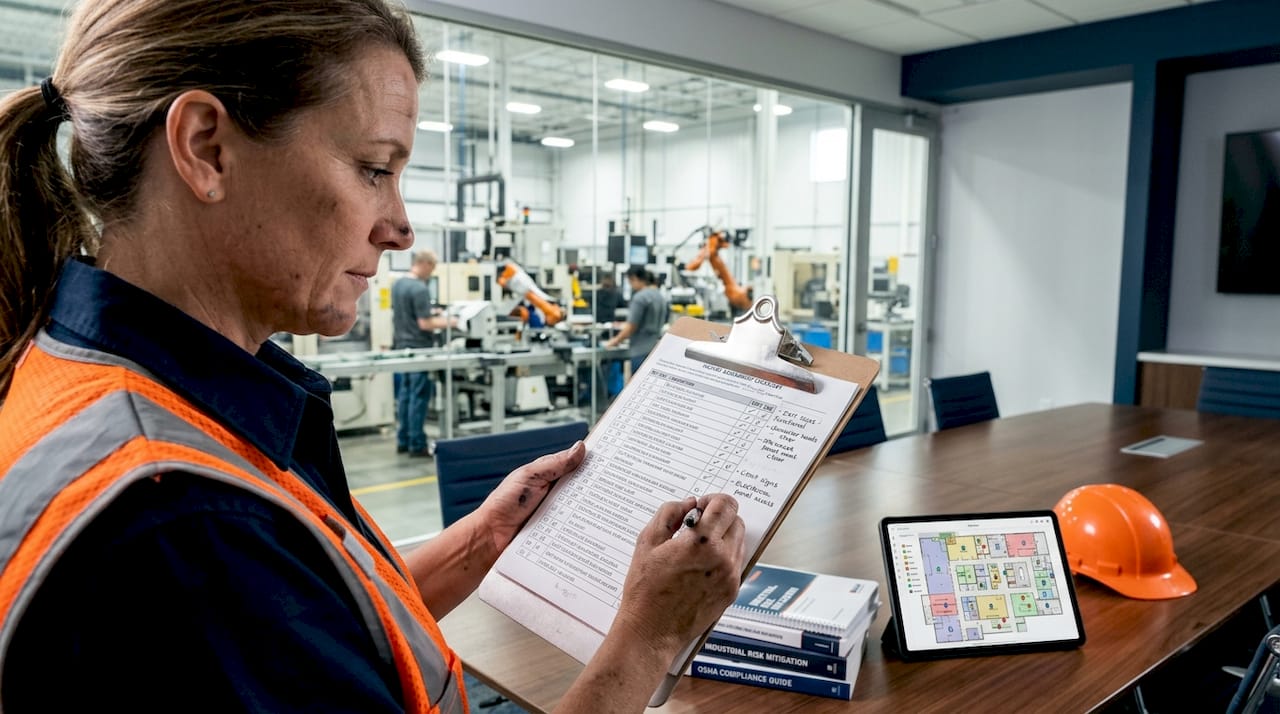 Fire safety specialist reviewing hazard checklist