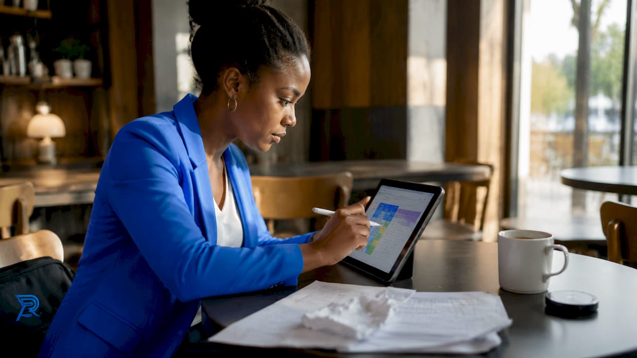 Hands using tablet to rank roofing competitors