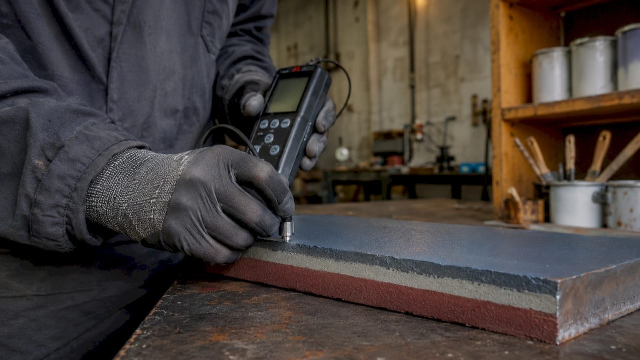Technician measuring steel coating layers