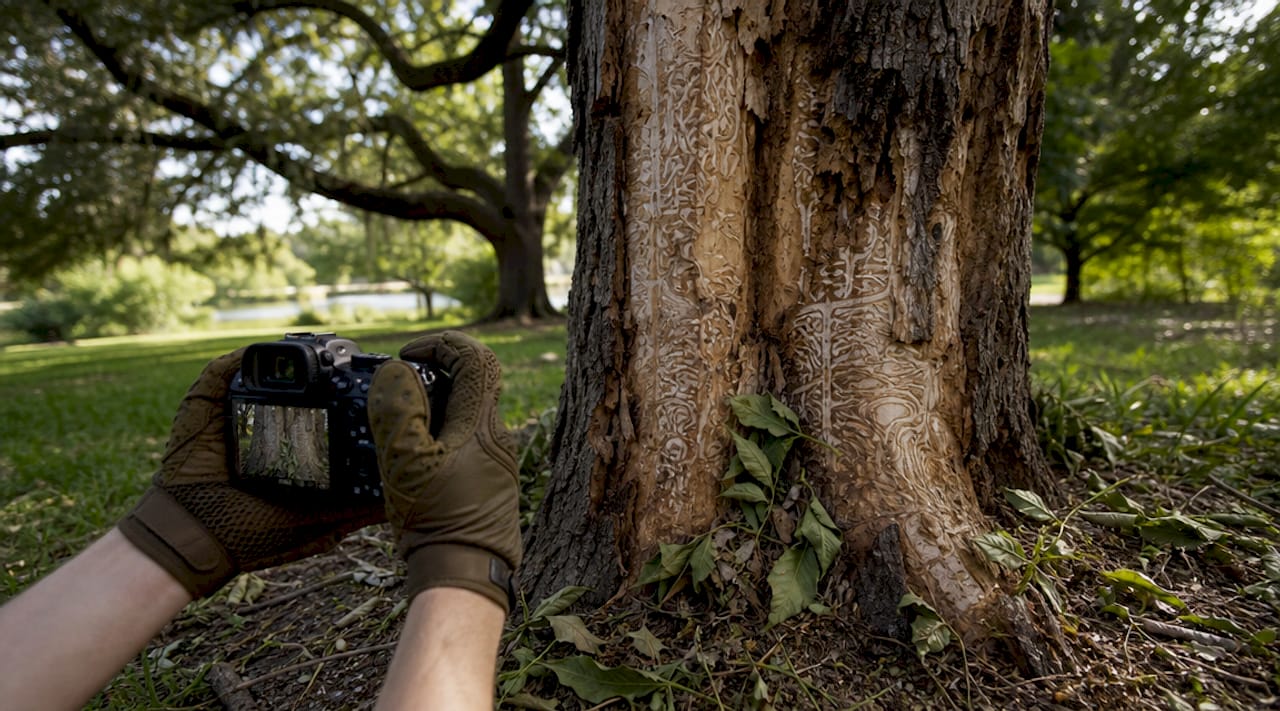 Close-up of ash tree bark damage and hands inspecting