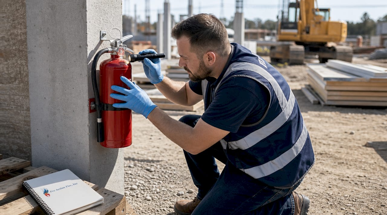 Close-up of fire marshal checking extinguisher