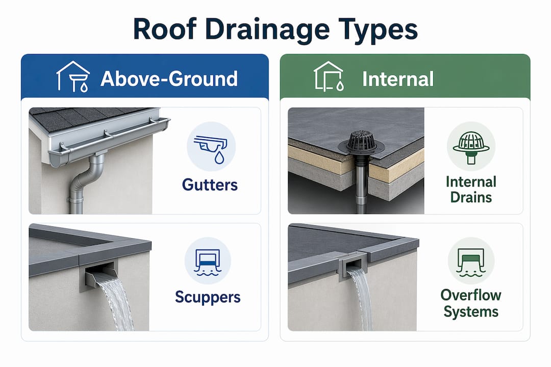 Infographic comparing roof drainage system types