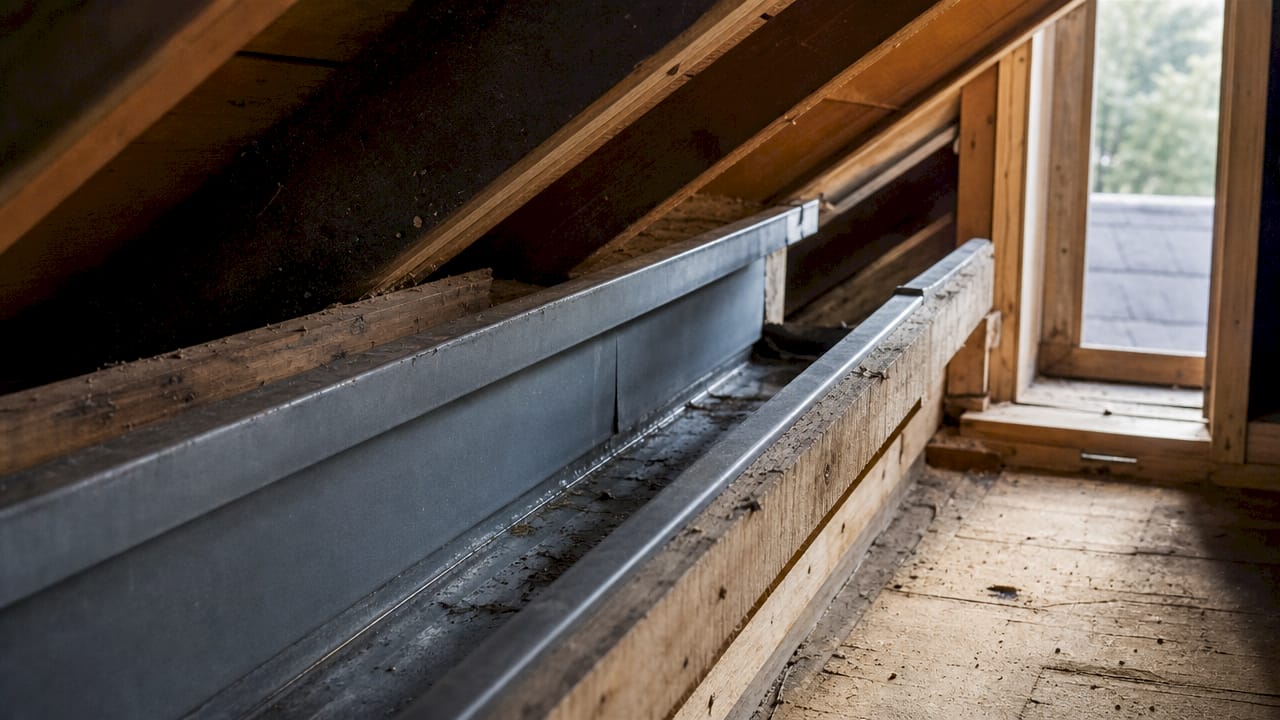 Box gutter integrated inside roof structure close-up
