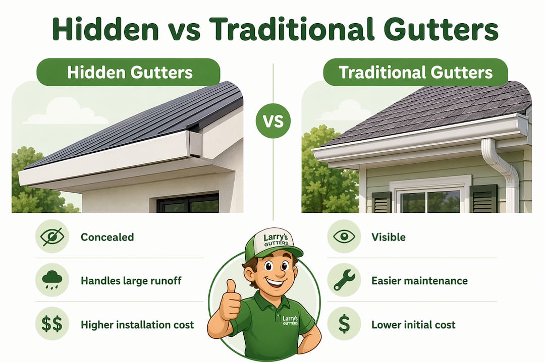 Comparison infographic of hidden and traditional gutters