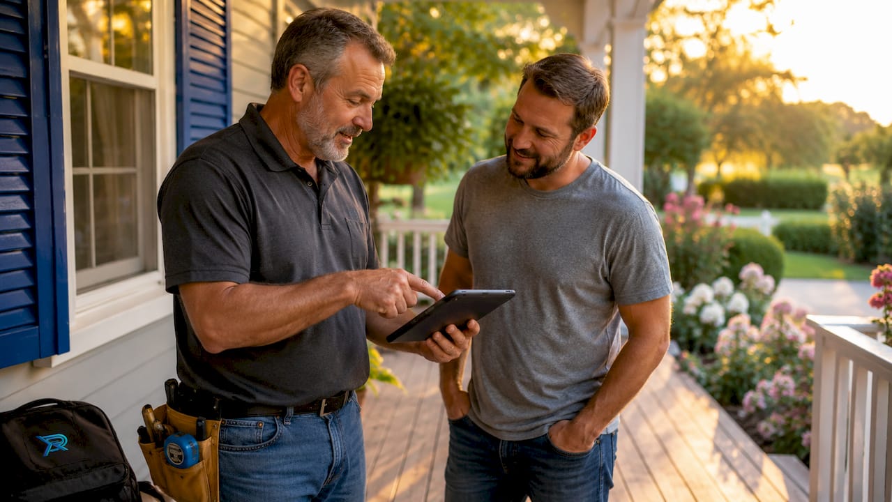 Contractor sharing verified reviews outdoors