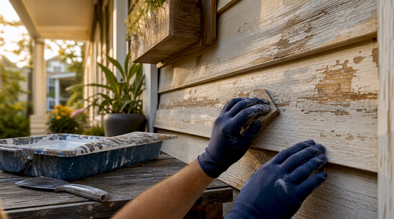 Hands sanding and preparing exterior wall