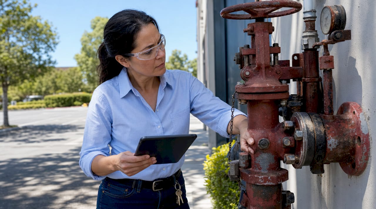 Technician inspecting sprinkler system with tablet