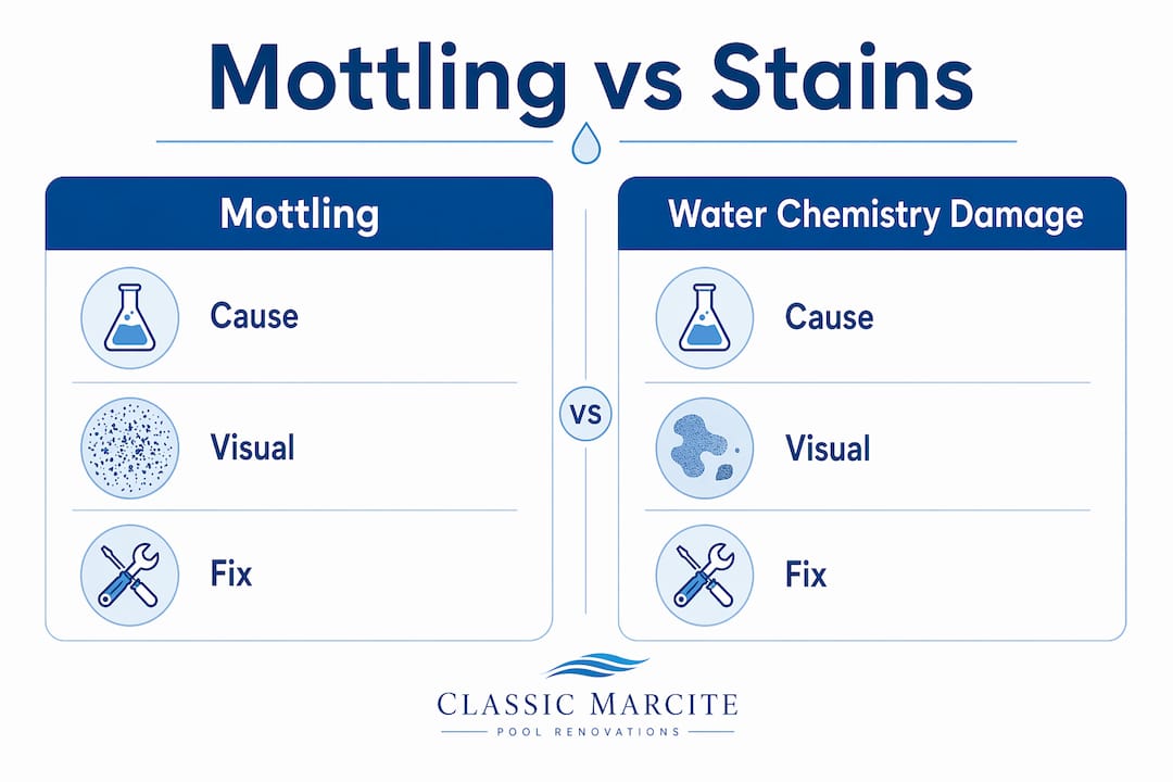 Infographic comparing mottling and water chemistry damage on pool finishes