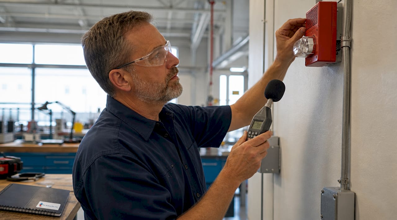 Technician adjusting fire alarm in industrial facility