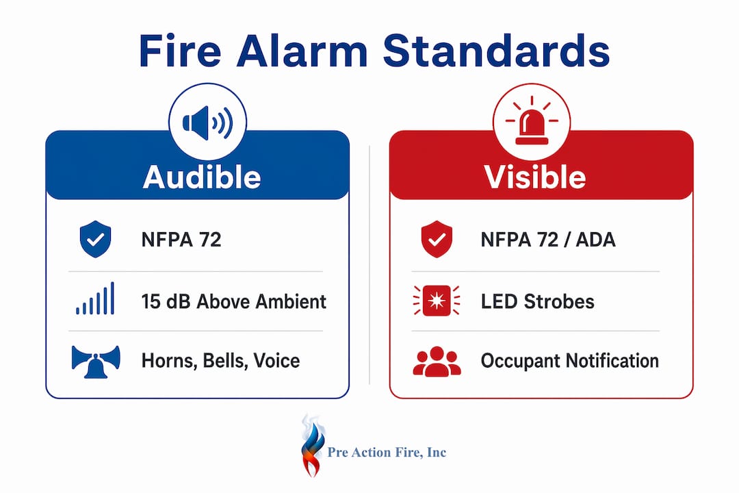 Infographic comparing audible and visible fire alarm standards