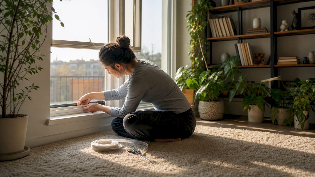 Hands sealing apartment window with foam weatherstripping