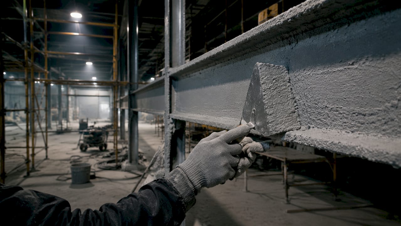 Hands applying spray fireproofing to steel beam