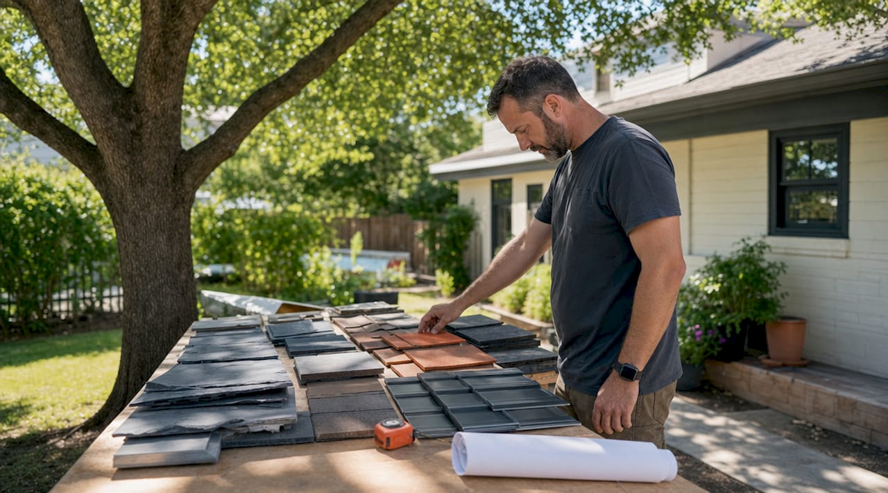 Roofing material samples on workshop table