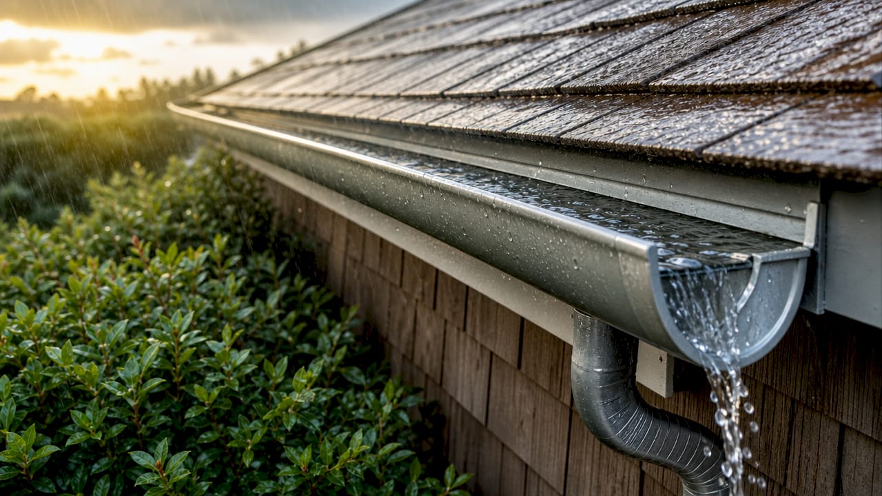 Close-up of half round gutter channel with flowing rainwater