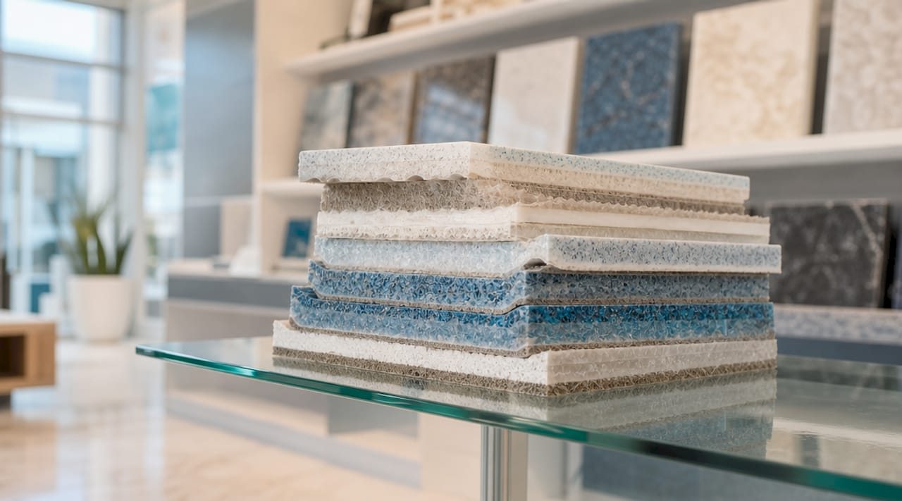 Stack of fiberglass pool shell laminate layers samples