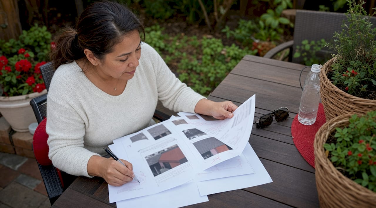 Homeowner examining roof inspection report at kitchen table