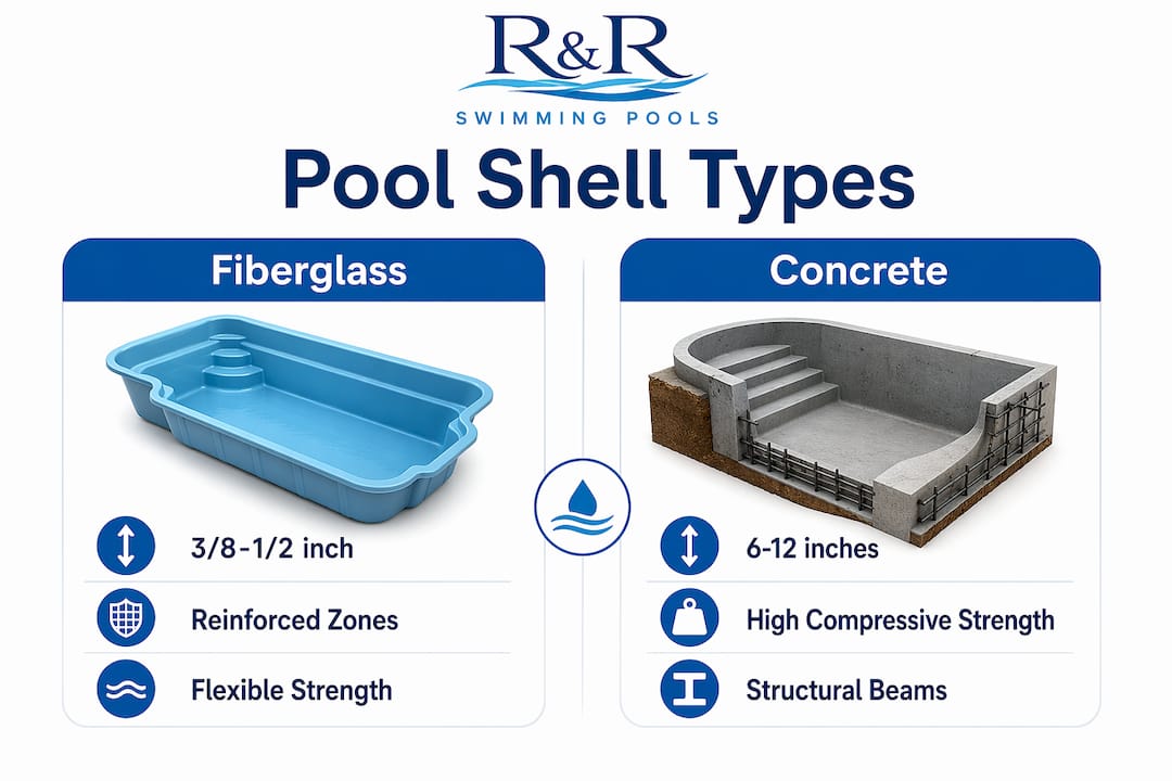 Infographic comparing fiberglass and concrete pool shell thickness