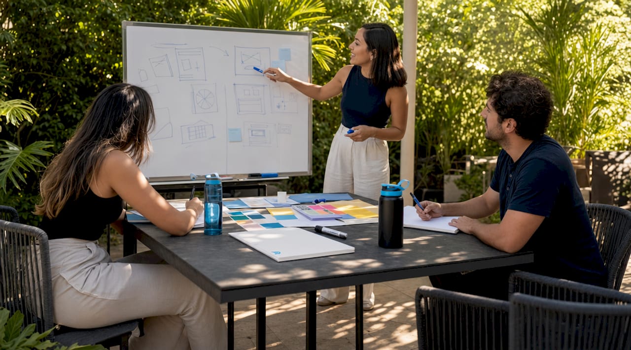Marketing team planning roofing ad campaign