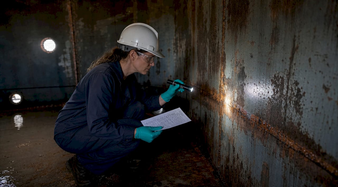 Hands inspecting water tank weld seam