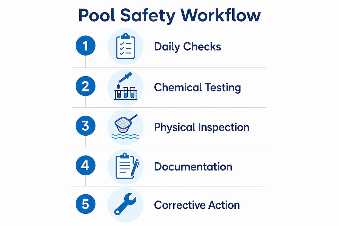 Infographic illustrating commercial pool safety workflow steps