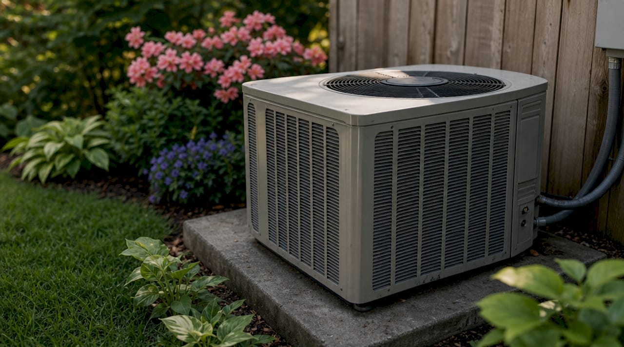 Outdoor split air conditioning unit in backyard