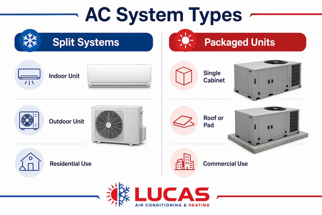 Infographic comparing split and packaged AC systems
