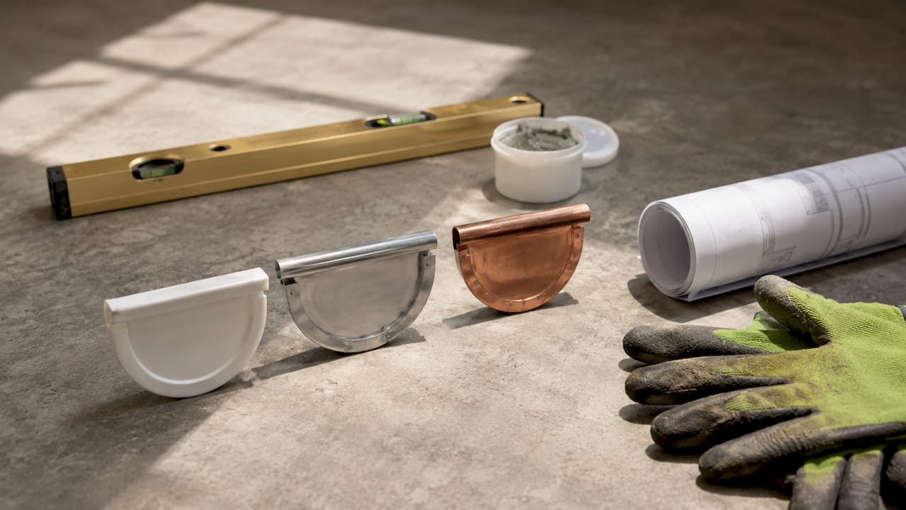 Different gutter end cap materials and tools on workbench