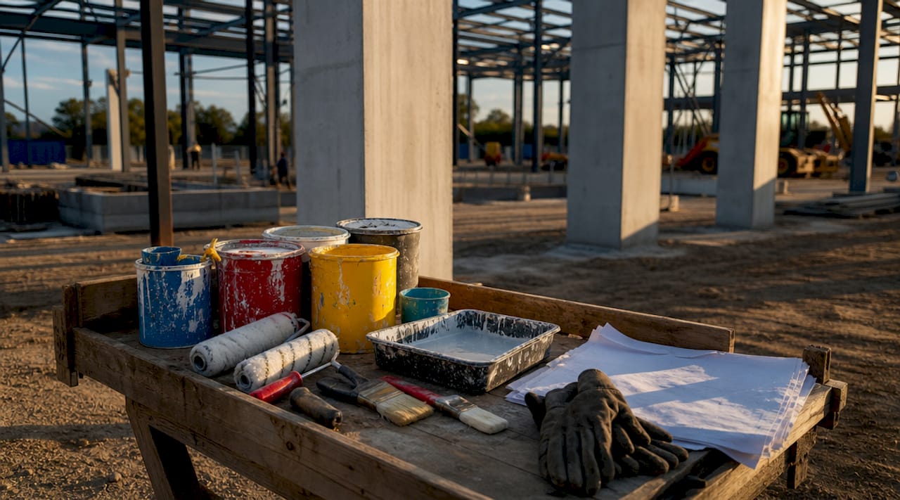 Surface coating tools and materials on workbench at site