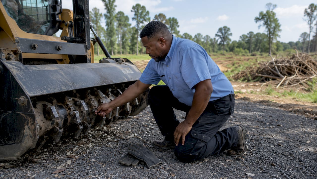 How to Plan Land Clearing: A Step-by-Step Guide 1 Man inspecting land clearing machine outdoors