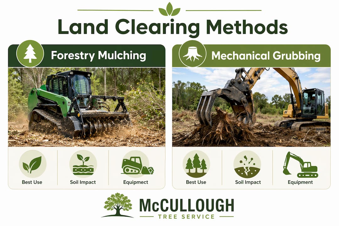 How to Plan Land Clearing: A Step-by-Step Guide 2 Infographic comparing forestry mulching and mechanical grubbing methods