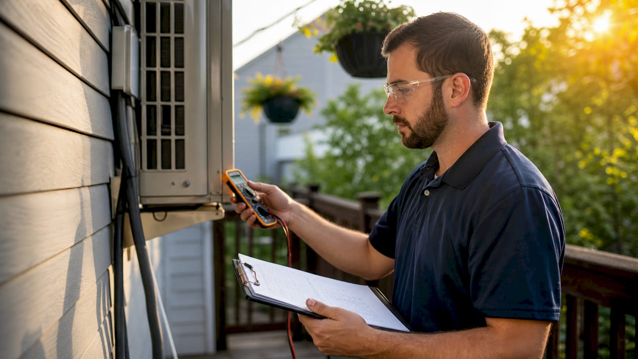 Technician measuring HVAC system outside home