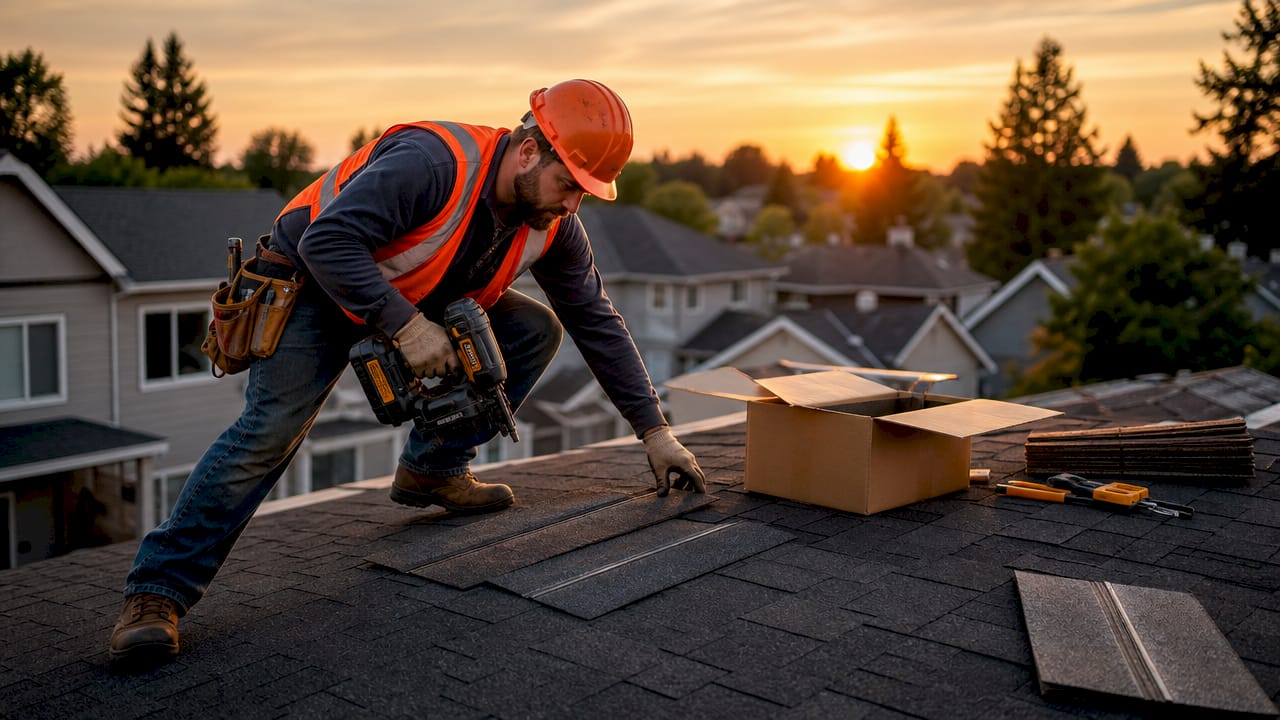 Roofing contractor installing Class 4 asphalt shingles