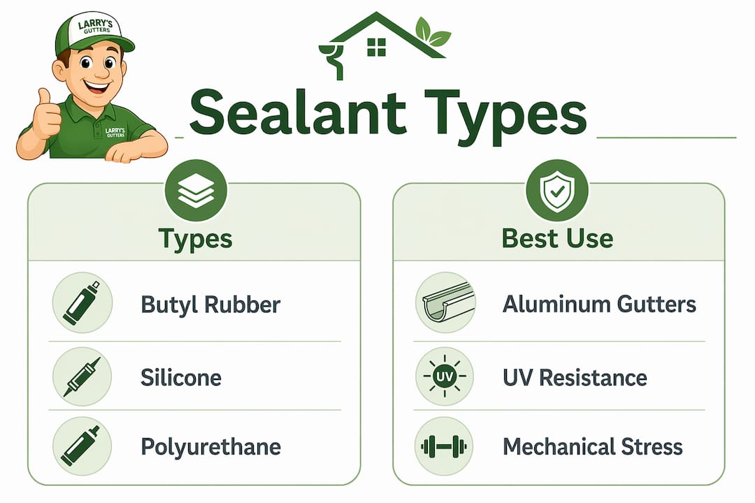 Infographic comparing gutter sealant types and uses