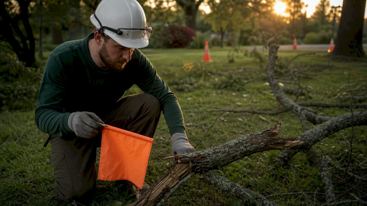 Arborist marking downed tree limb hazard