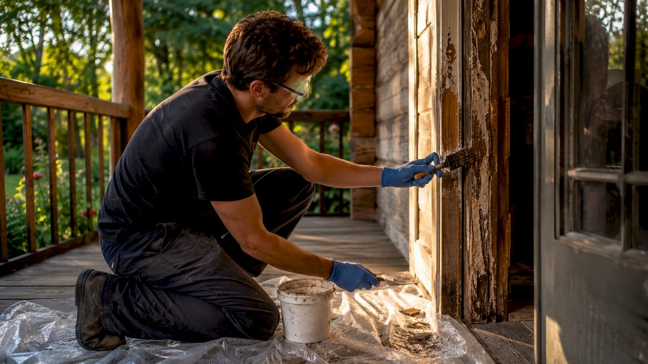 Hands applying chemical paint stripper outdoors