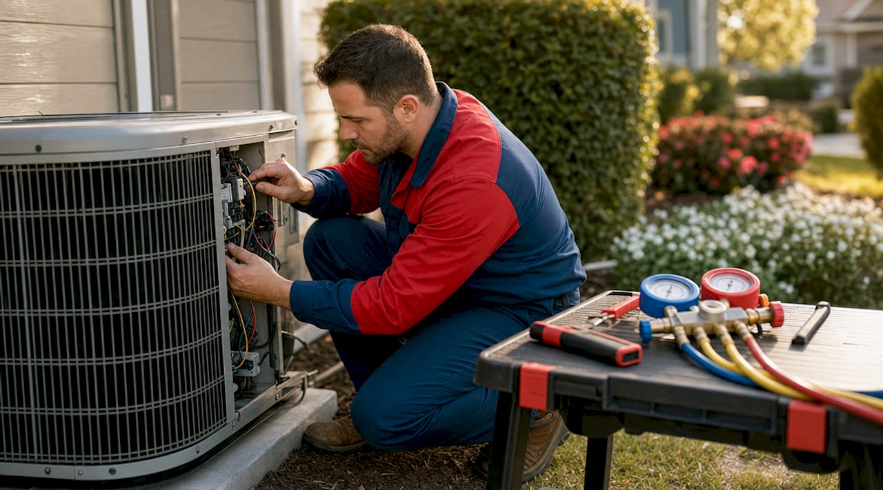 HVAC technician inspecting split system outdoors