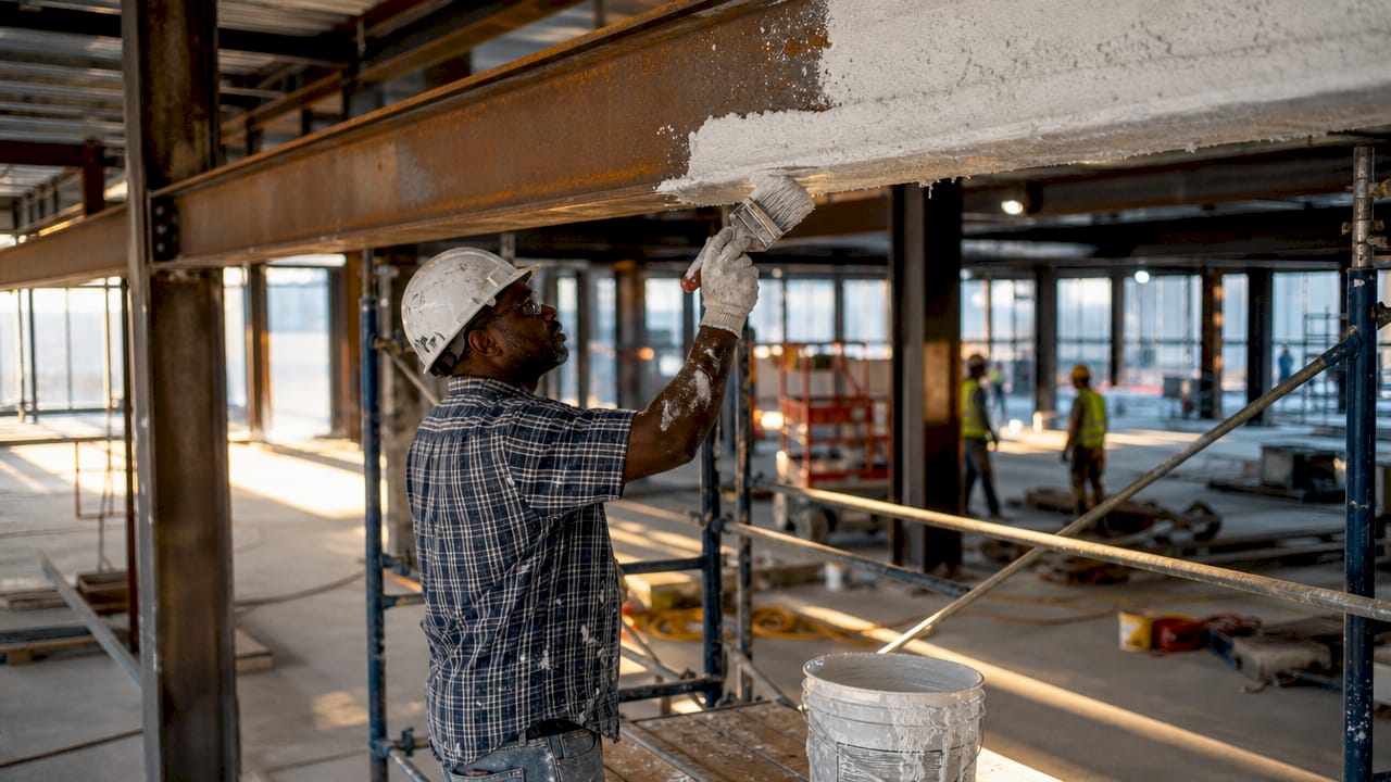 Contractor applying intumescent fireproofing to steel beams