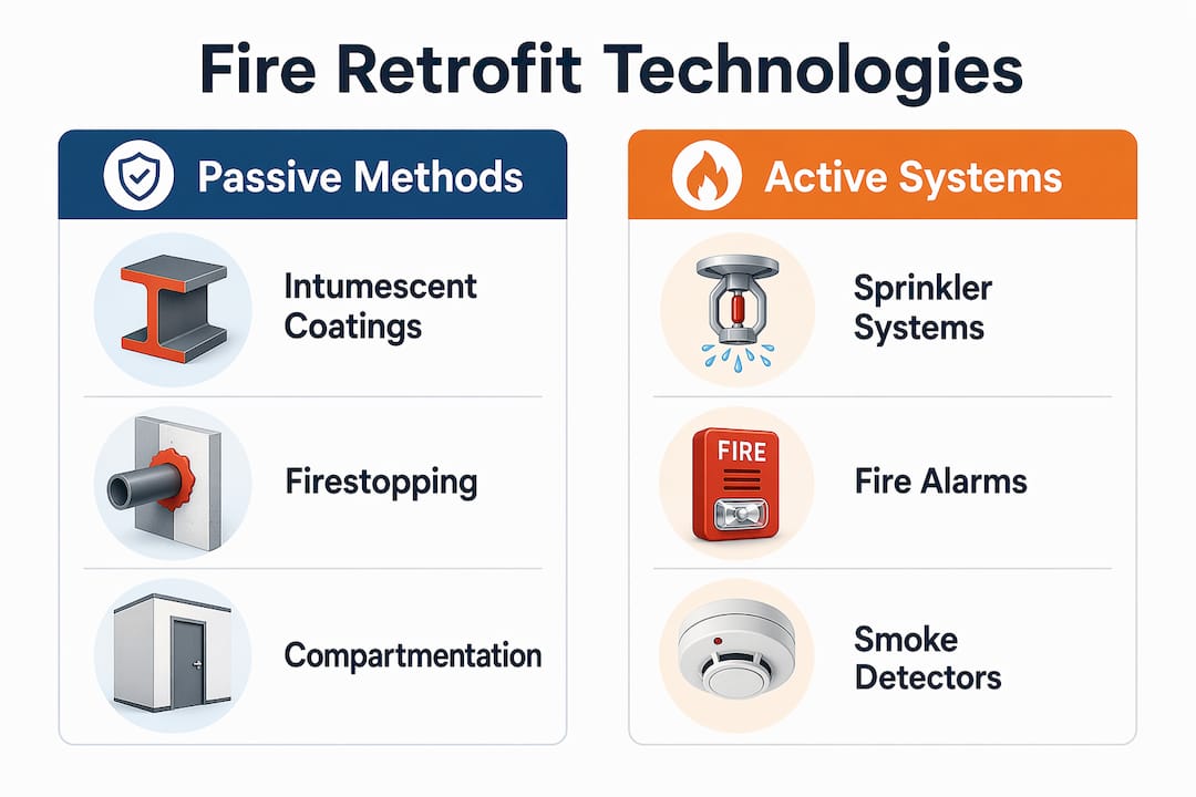 Infographic comparing passive and active fire retrofit technologies