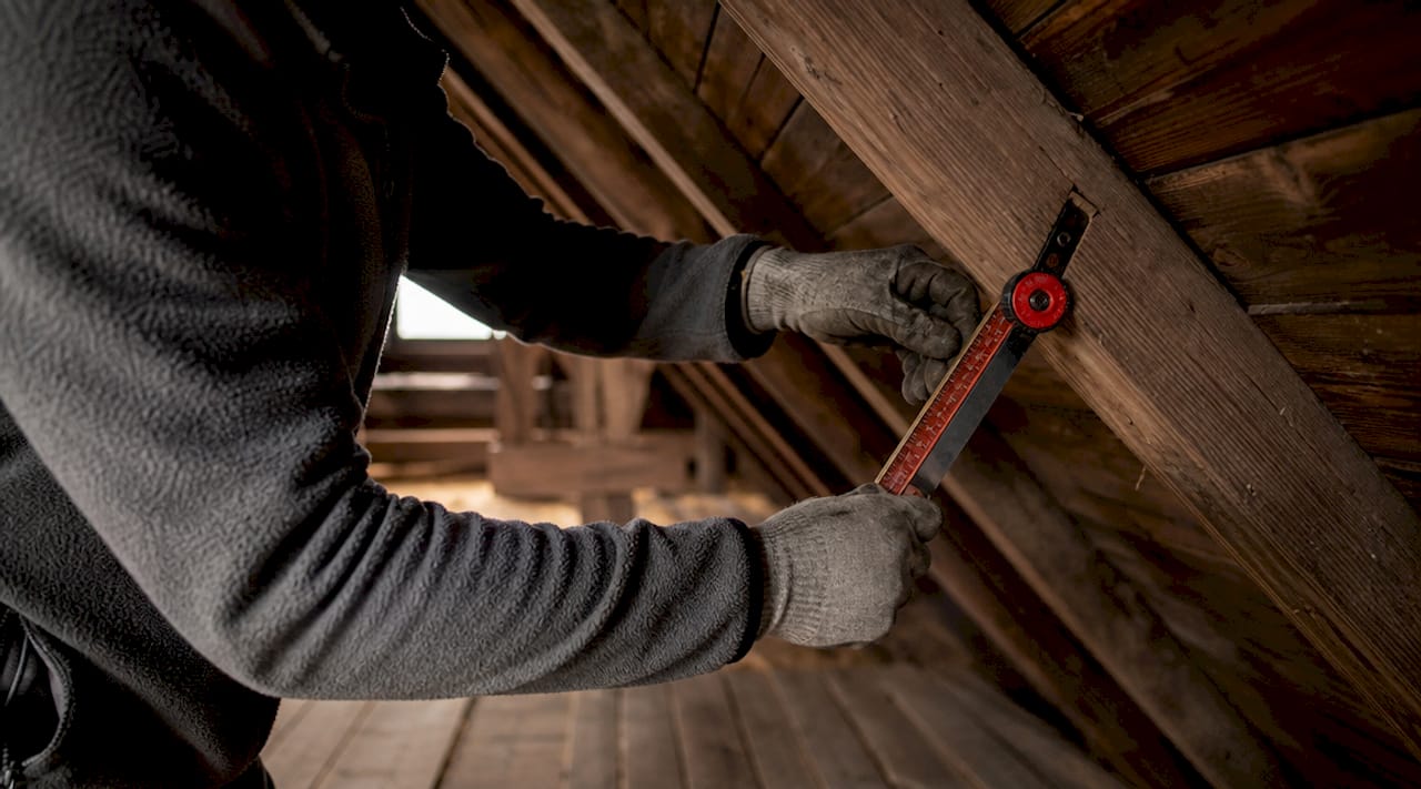 Hands measuring roof slope with inclinometer and tape measure